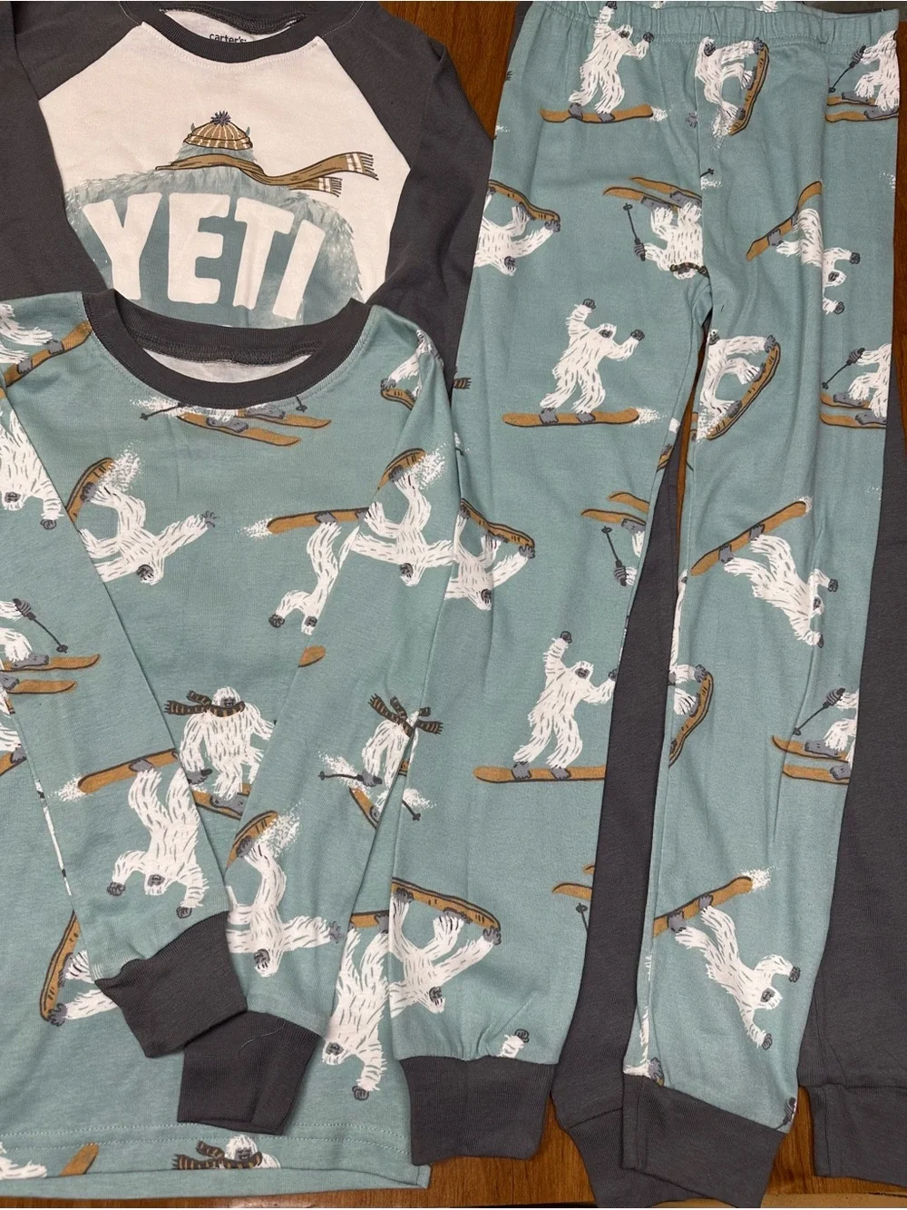 Carter's Teal and Charcoal Yeti Pajama Set with Ski Print 4 pieces